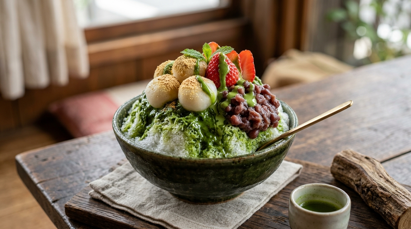 Handgemachtes veganes Matcha Bingsu mit Mochi und Erdbeeren in Kiel